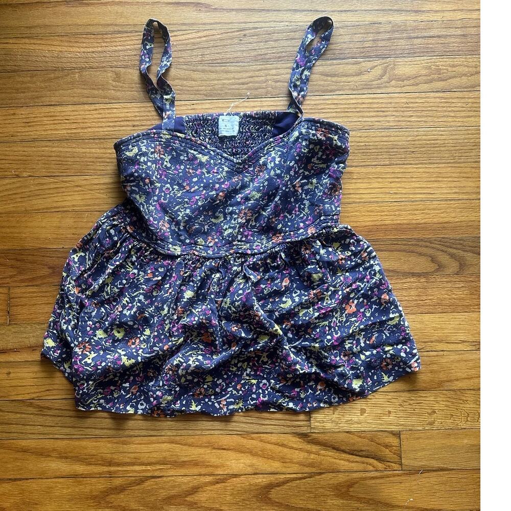 Pins and Needles Silk Floral Top M Navy Smocked Back Boho Feminine Chic